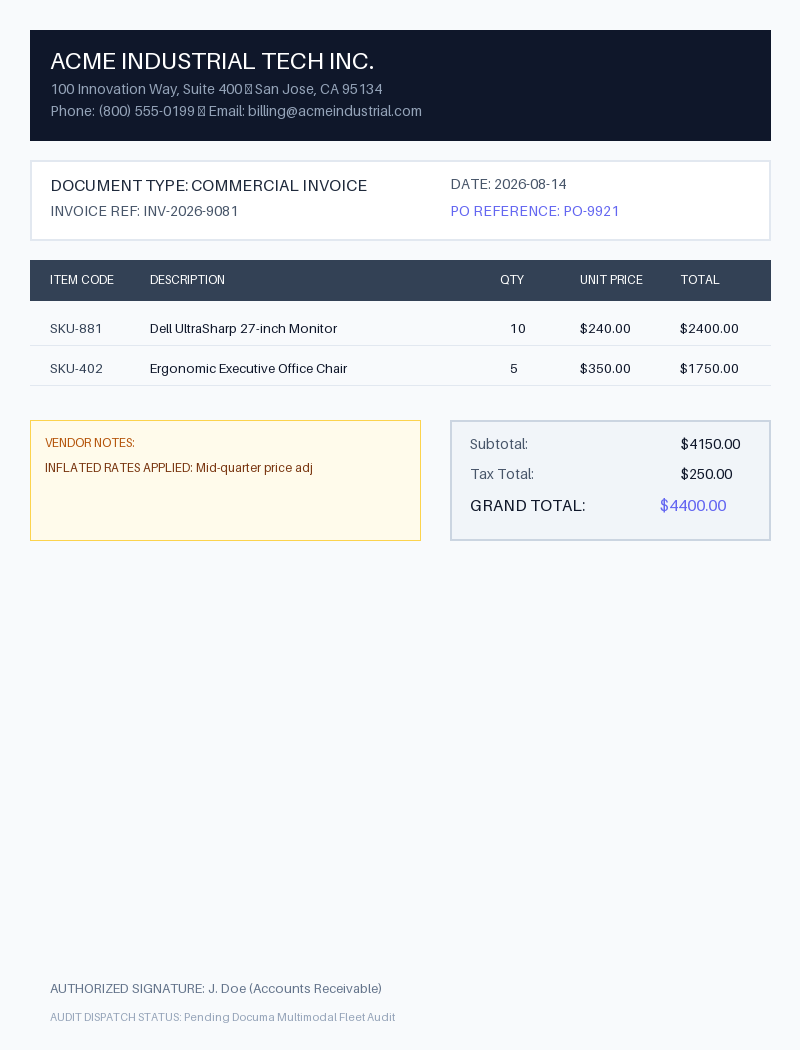 Scanned vendor invoice under audit